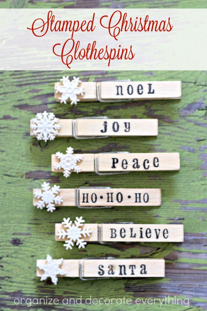Stamped Christmas Clothespins can be used to hang a banner, attach a tag to a gift, or to hold Christmas cards