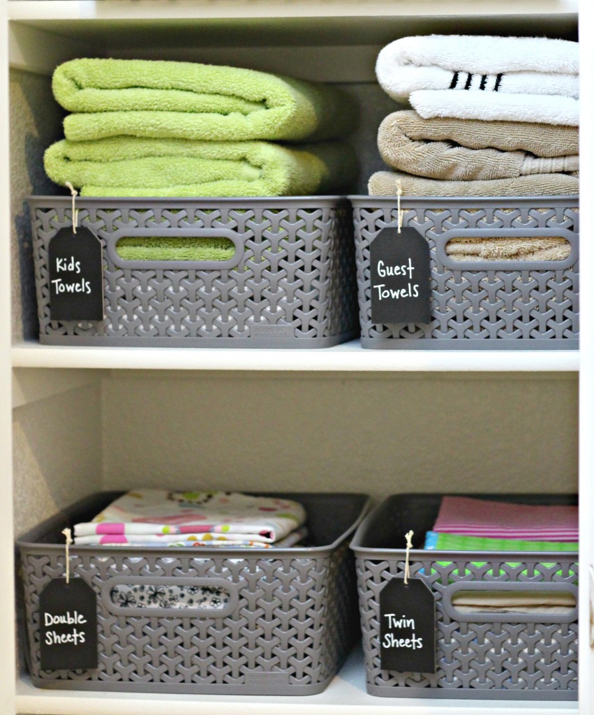Linen Clost Organizing Baskets with Chalkboard tags