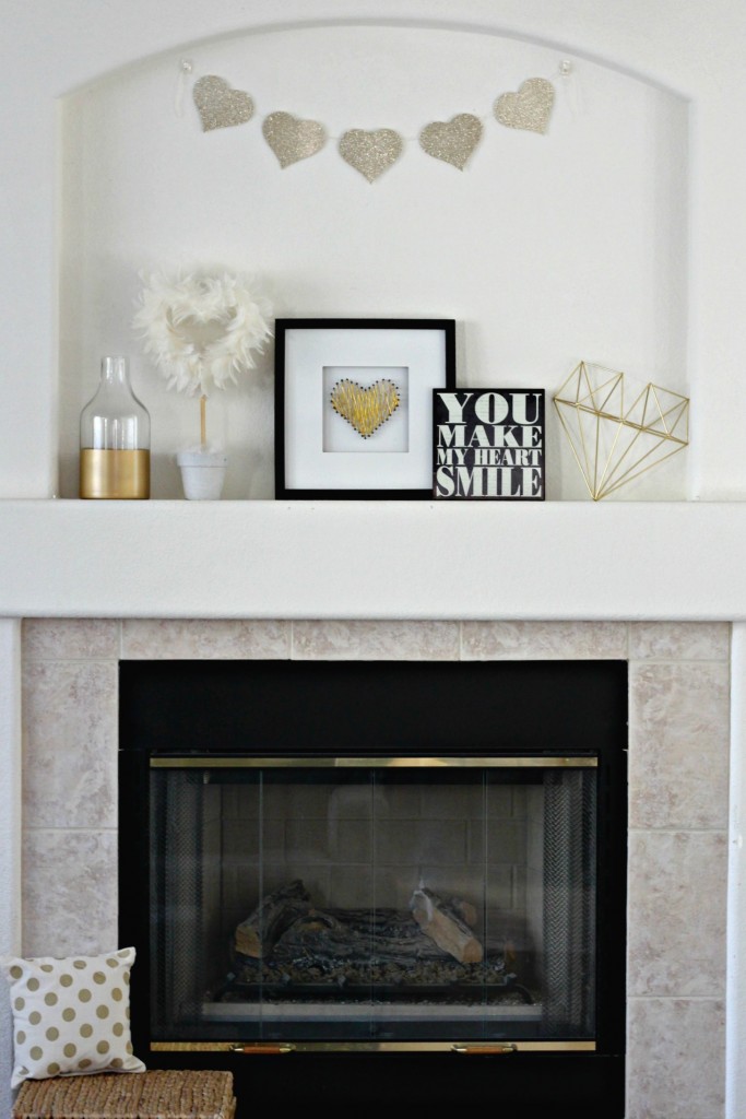 Glitter, Gold, and White Valentine's Day mantel