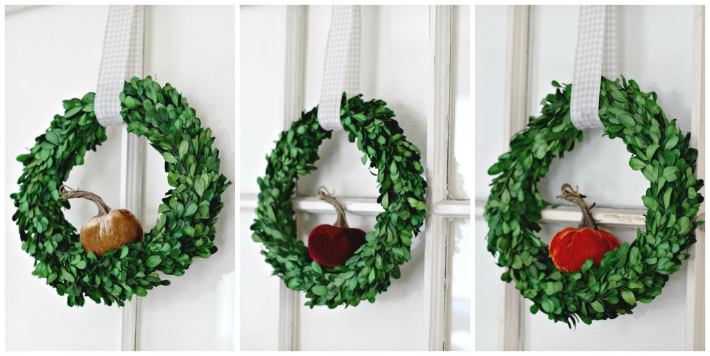 fall-home-tour-2016-boxwood-wreaths-with-velvet-pumpkins