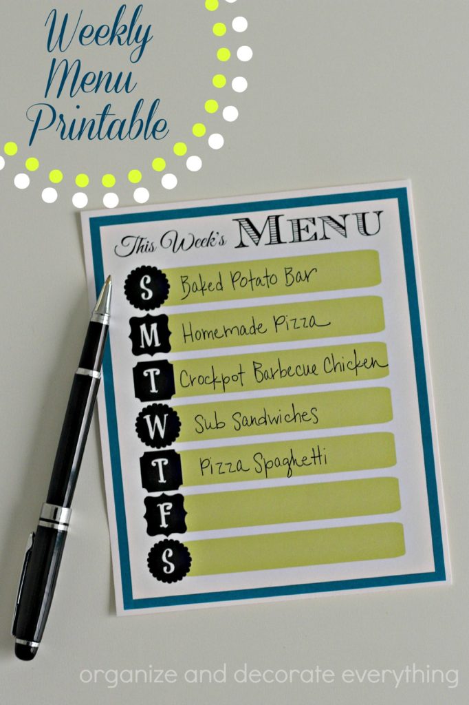 weekly menu printable 15 minute series