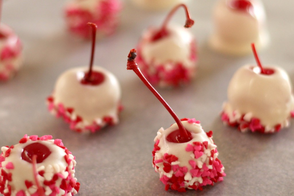 White Chocolate Dipped Cherries with sprinkles