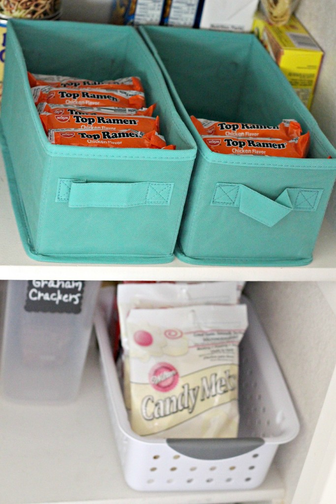 organizing with baskets pantry