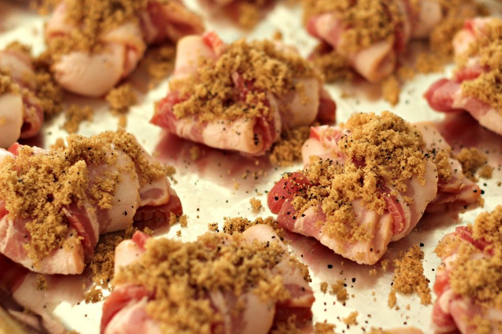 bacon bows with brown sugar before cooked