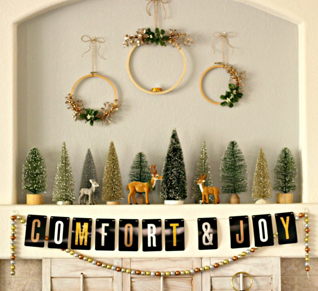 Comfort and Joy Christmas Mantel trees deer wreaths