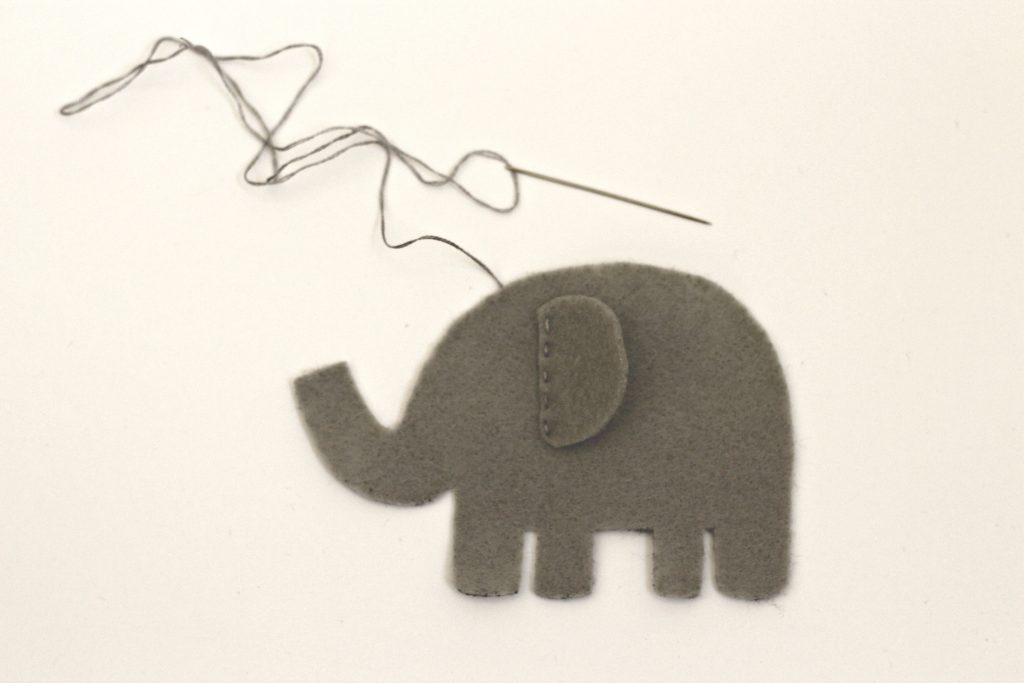 felt elephant with sewn ear