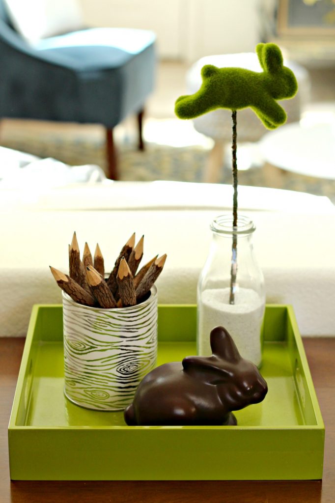 Easter decor bunnies on tray