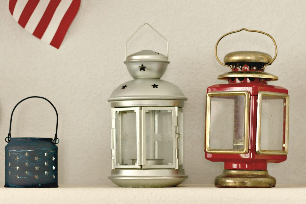 Red White and Blue Mantel more lanterns