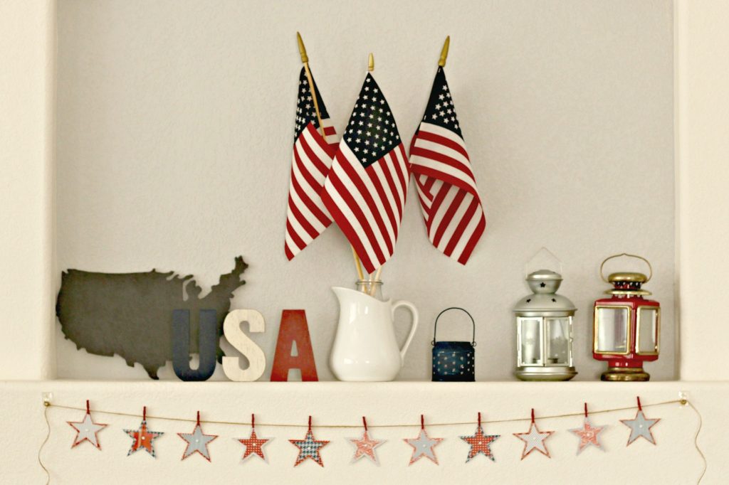 Red White and Blue Mantel with flags