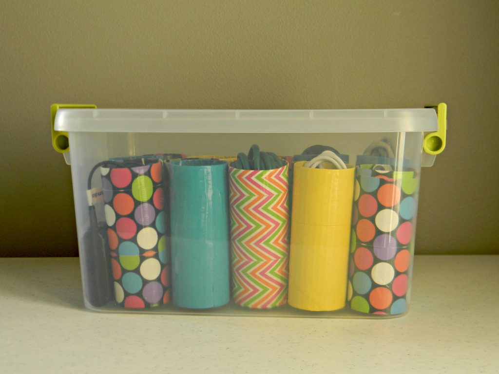 Organizing Cords colorful duck tape