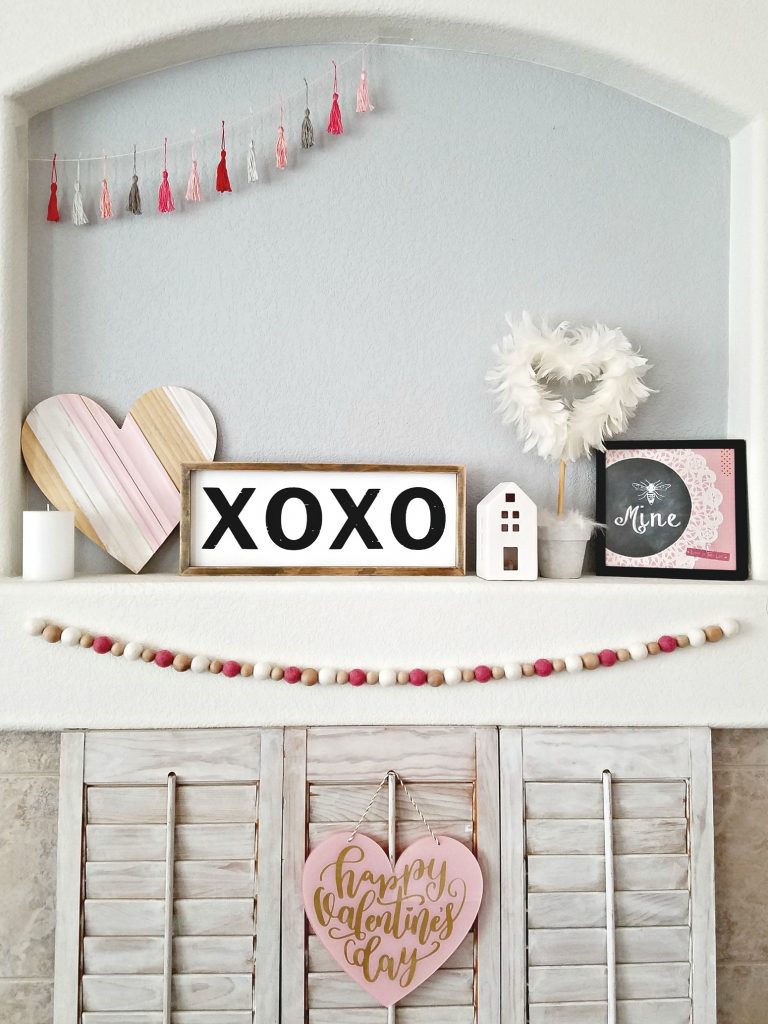 Pin and White Valentines Day mantel