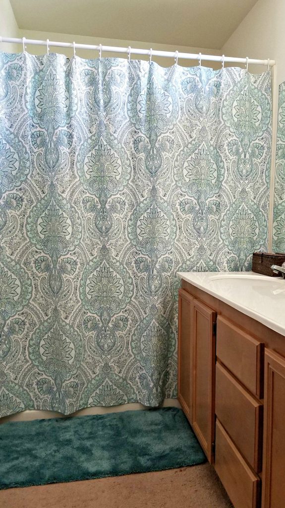 Bathroom Update shower curtain and counters